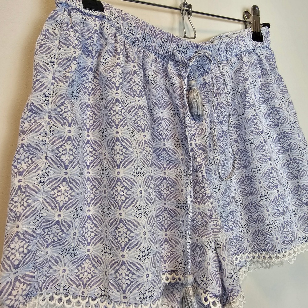 Haute Hippie Blue White‎ Cotton Floral Lounge Shorts PJ Sleep Drawstring Medium - Picture 3 of 7